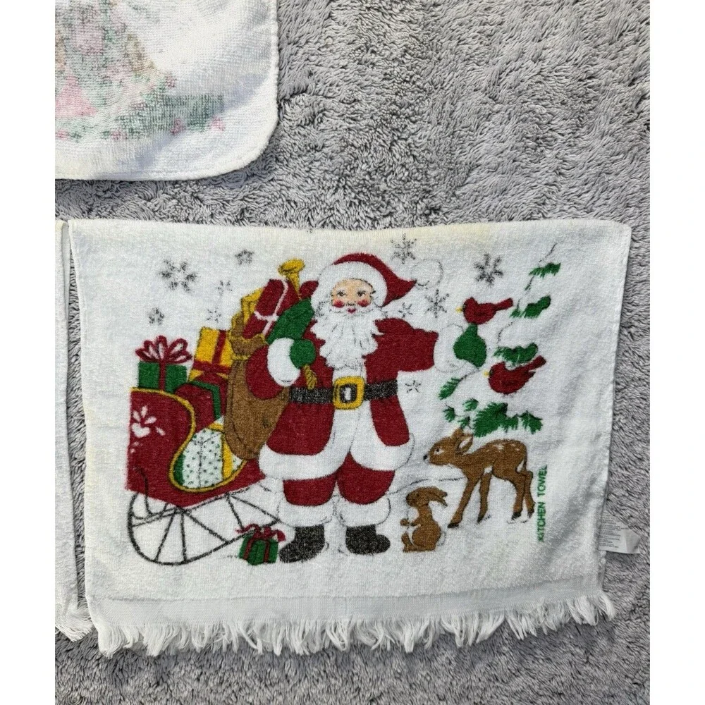 3 Vintage Christmas Cotton Kitchen Towels Fringe Santa Reindeer Tree‎ Cannon B&D